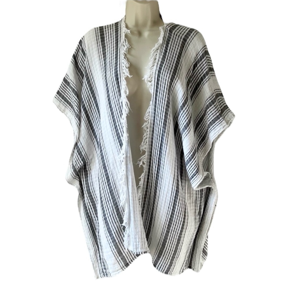 AERIE Stripe Fringe White And Black Kimono Cape Coverup | OSFM